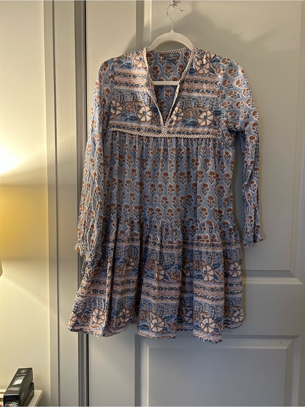 Shade Amour Linen Block Print Floral Tiered Long-Sleeve Dress